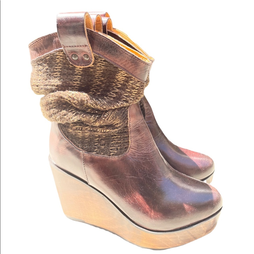 Bed Stu Bruges Slouchy Brown Knit Wedge Boots